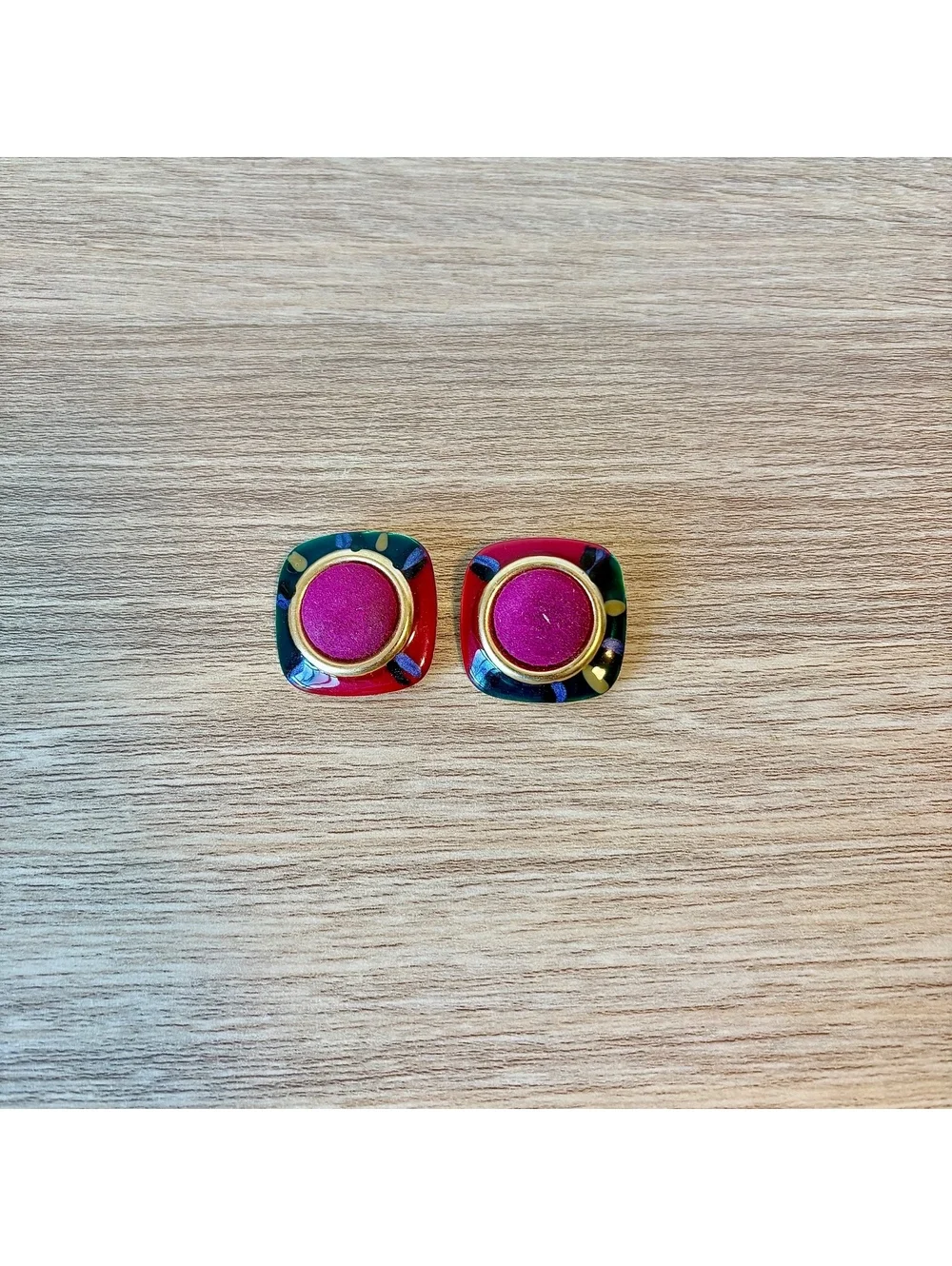 Vintage Colorful Enamel Earrings Gold Tone Pink Geometric Retro Statement 80s